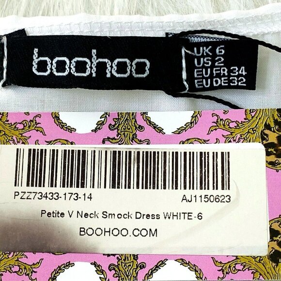 boohoo Women's size 6 Petite V Neck Smock Mini Dress 3/4 Sleeves White NEW - Picture 6 of 8